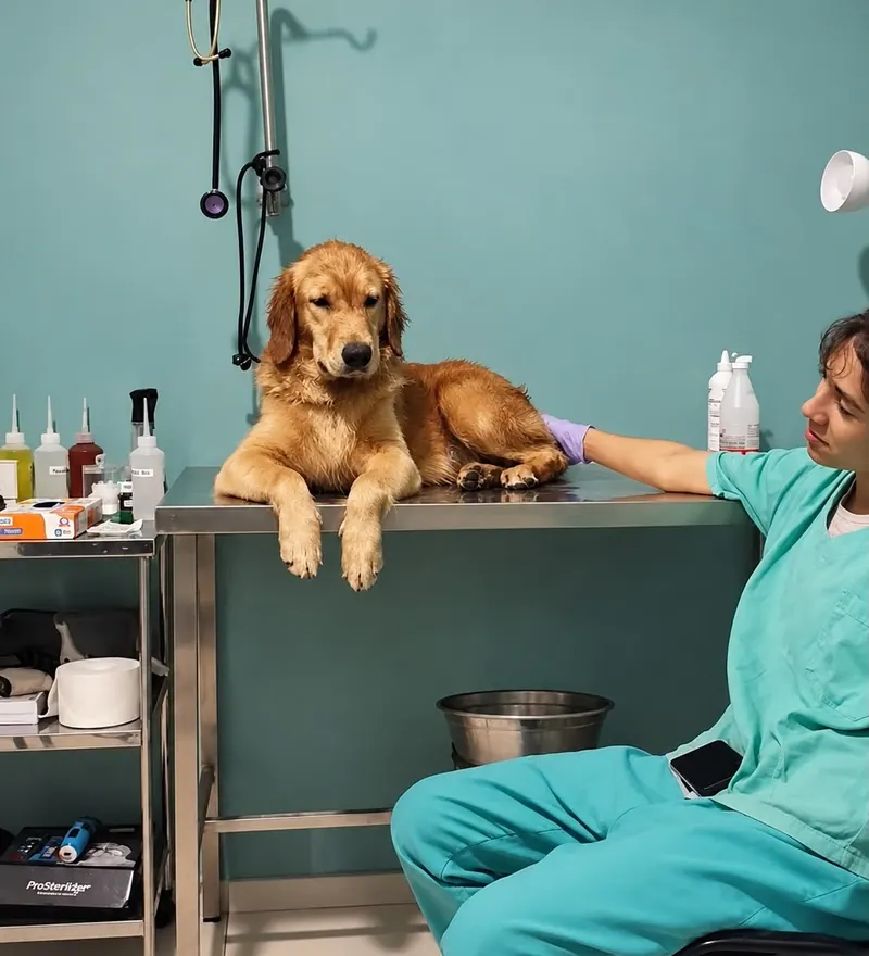 Golden retriever deitado na mesa de exame do consultório da RexVet, ao lado da veterinária