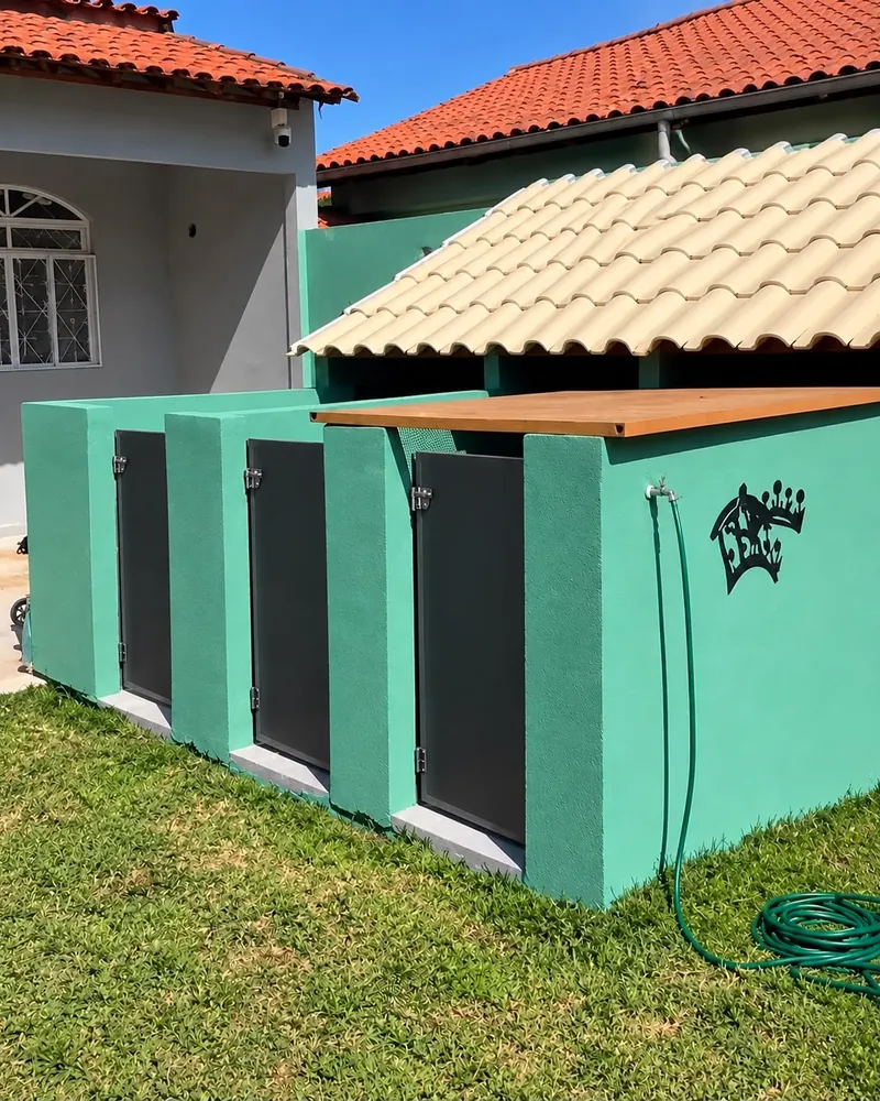 Baias do hotelzinho da RexVet no quintal, com paredes verdes, portas escuras e telhado, separadas da internação