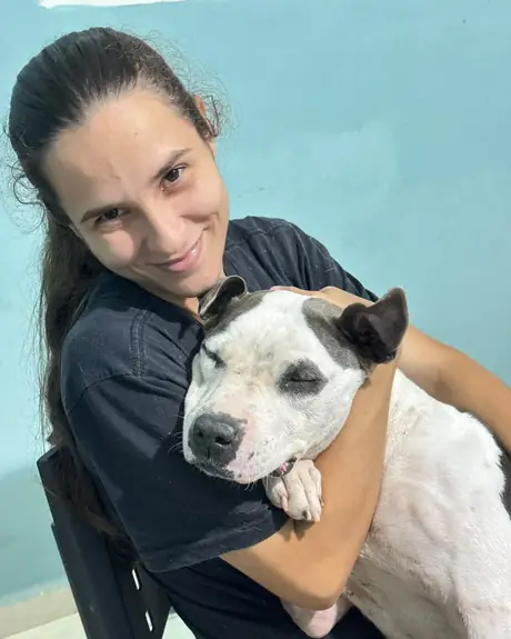 Veterinária abraçando um cachorro branco e cinza de olhos fechados