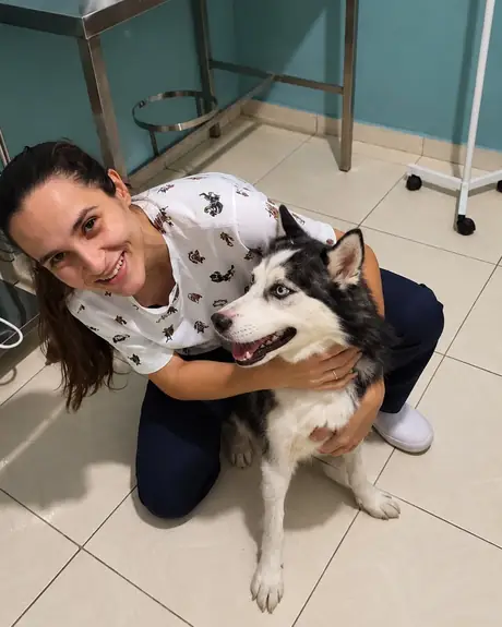 Veterinária abraçando um husky siberiano no consultório